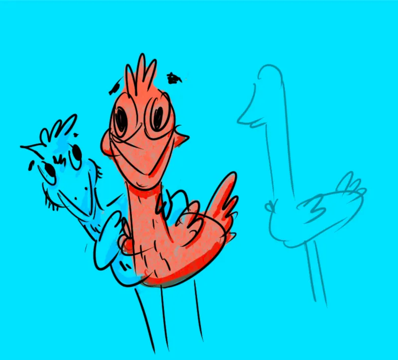 Concept sketch for a new BirdBulb story: a red bird and friends drawn on a bright blue background