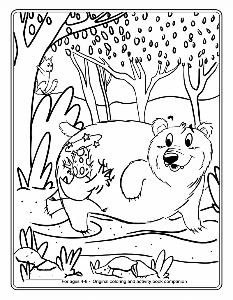 Coloring page: Finch, still in his eggshell, bumps into a big smiling bear in the forest and sees stars