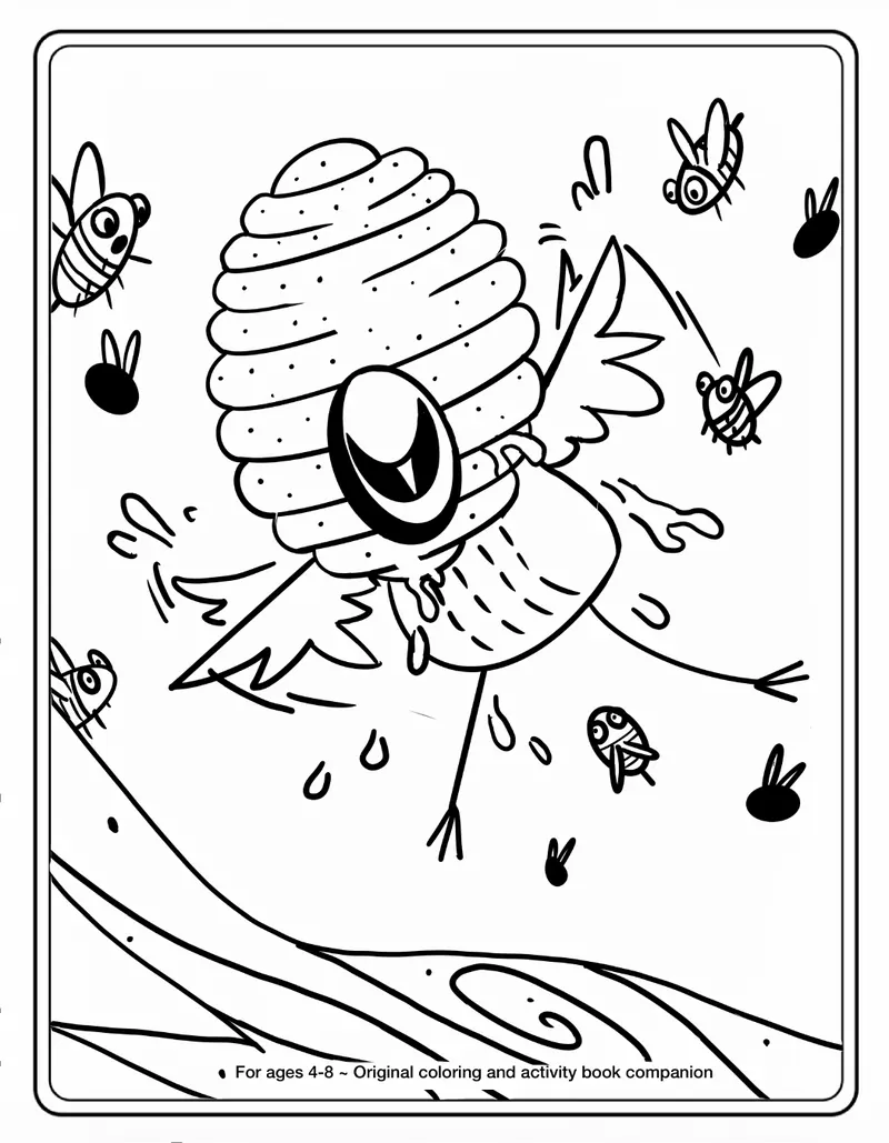 Printable coloring page: Finch tumbles out of the sky past a beehive while bees buzz all around him