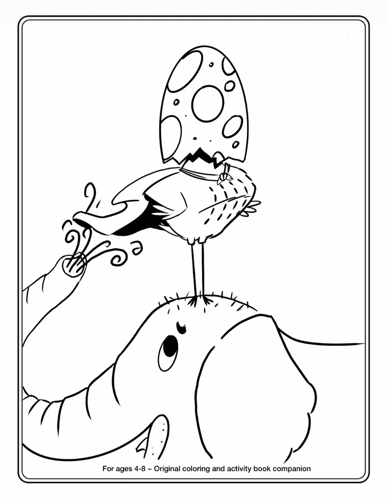 Coloring page: Finch, with his eggshell on, stands on top of a friendly elephant’s head