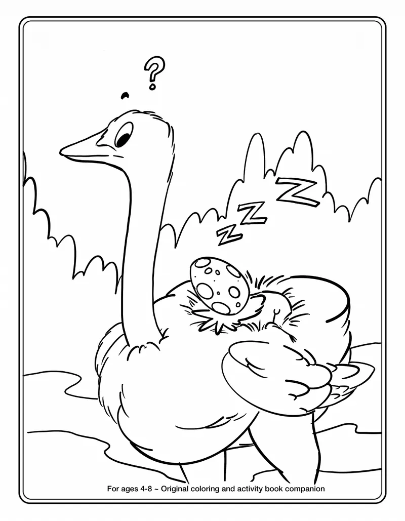 Printable coloring page: Finch naps in a nest on an ostrich’s back while the puzzled ostrich looks around