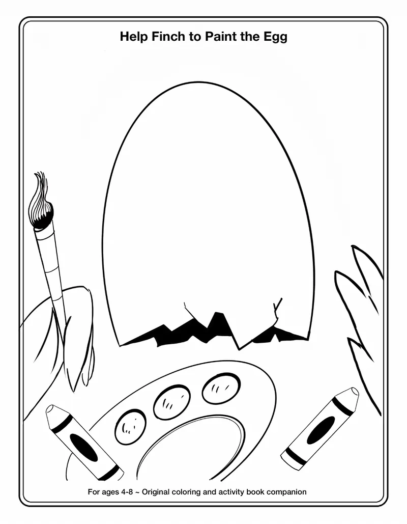 Printable activity page titled Help Finch to Paint the Egg: a big blank egg to decorate, with a paintbrush, crayons and a paint palette