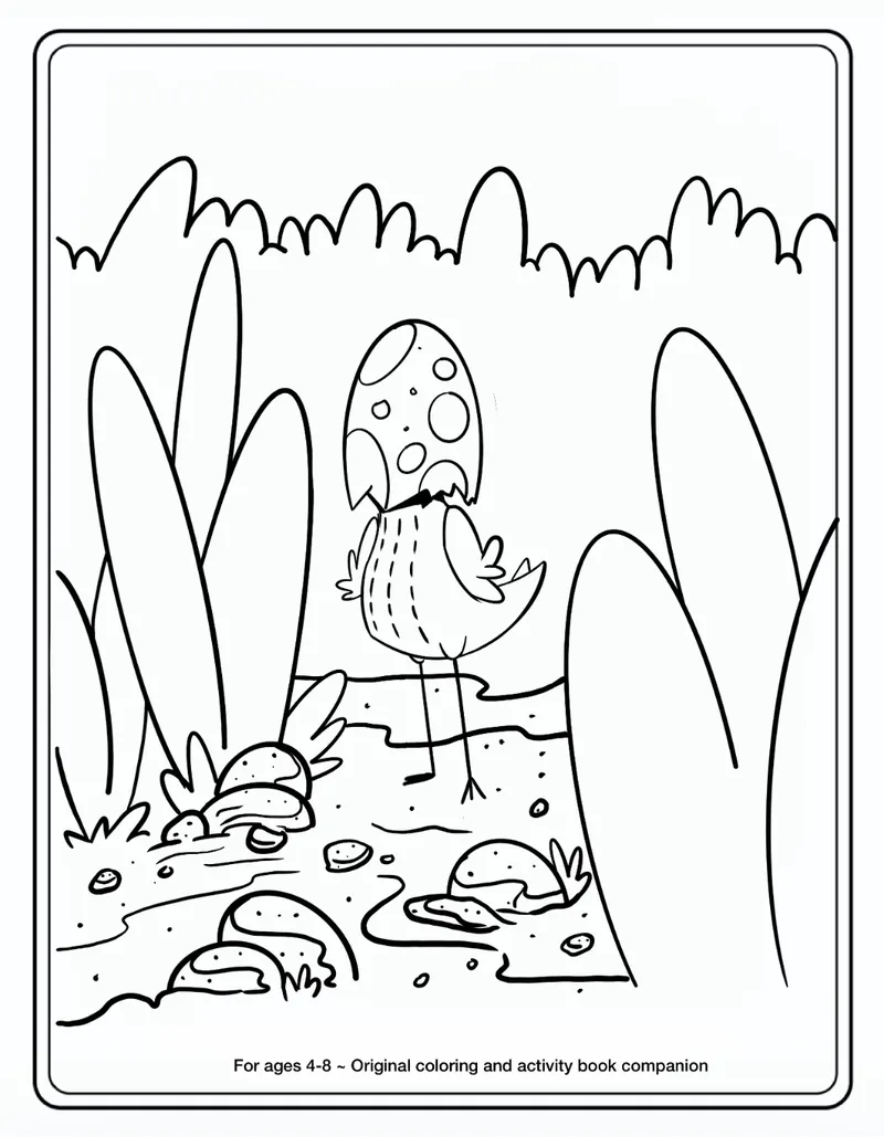 Printable coloring page: Finch walks down a forest path between tall grass and round stones