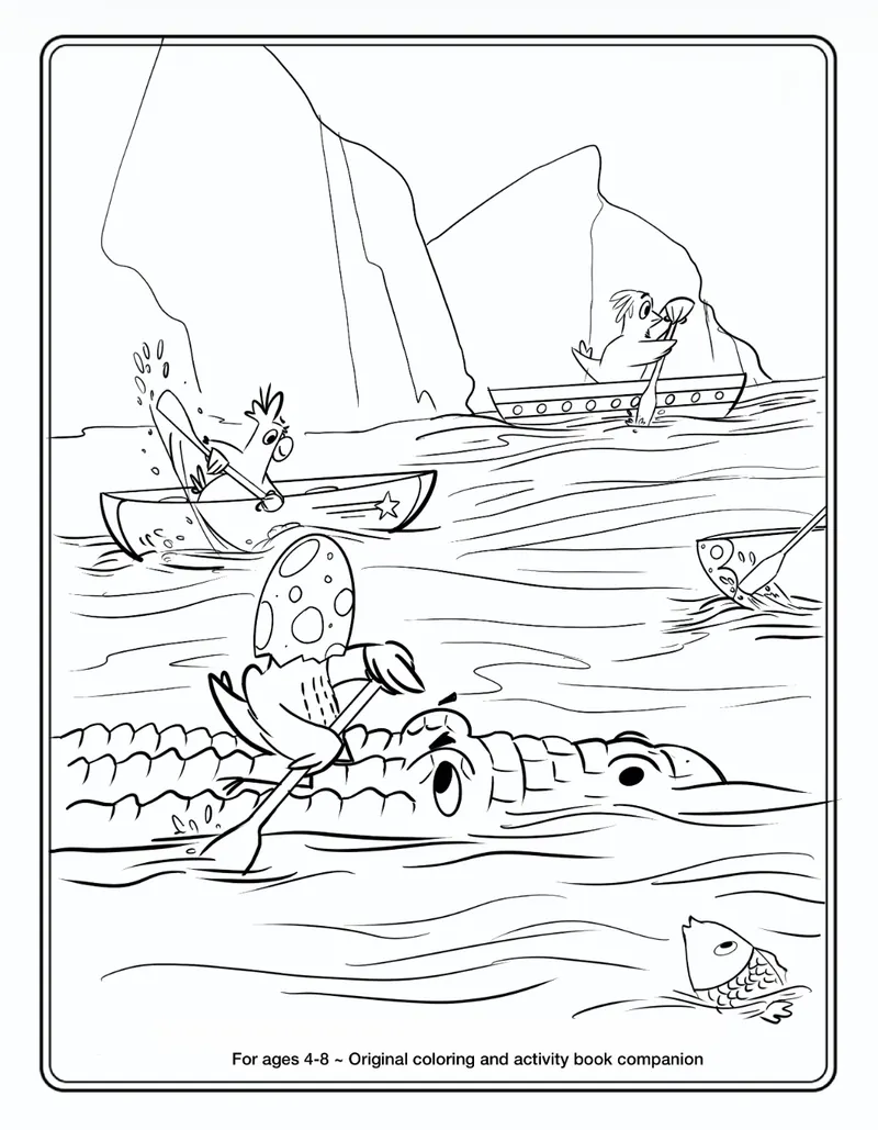Coloring page: Finch paddles across a river on a crocodile’s back while two birds row canoes past tall rocks and a fish peeks out of the water