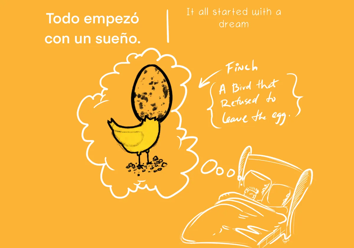 Sketch of D.G. Alonso asleep in bed, dreaming of a yellow chick with a speckled egg over its head. Handwritten notes read: Todo empezó con un sueño, It all started with a dream, and Finch, a bird that refused to leave the egg