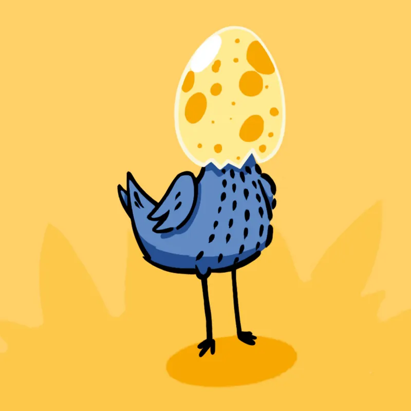 Finch, a little blue bird, standing with an eggshell over his head