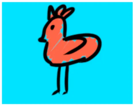 Sketch of the main character: a bird in vibrant red-orange with a thick outline