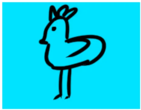 Sketch of a secondary character: the same bird with a bold outline in the background color